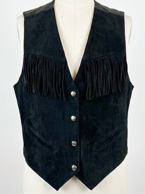 Vintage 90s Suede Fringe Brandon Thomas Black Western Vest Cowboy Core Goth Boho
